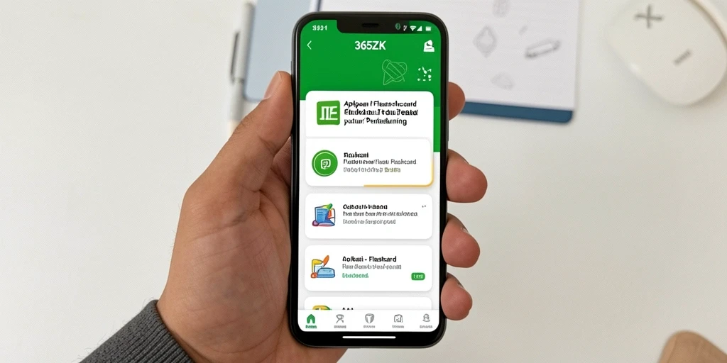 Antarmuka interaktif 365ZK menampilkan kartu flash untuk pembelajaran.