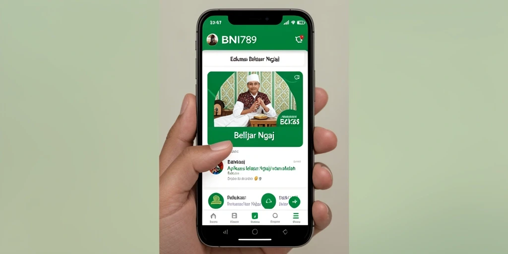 Tampilan antarmuka aplikasi BNI789 untuk Belajar Ngaji yang menarik dan interaktif.