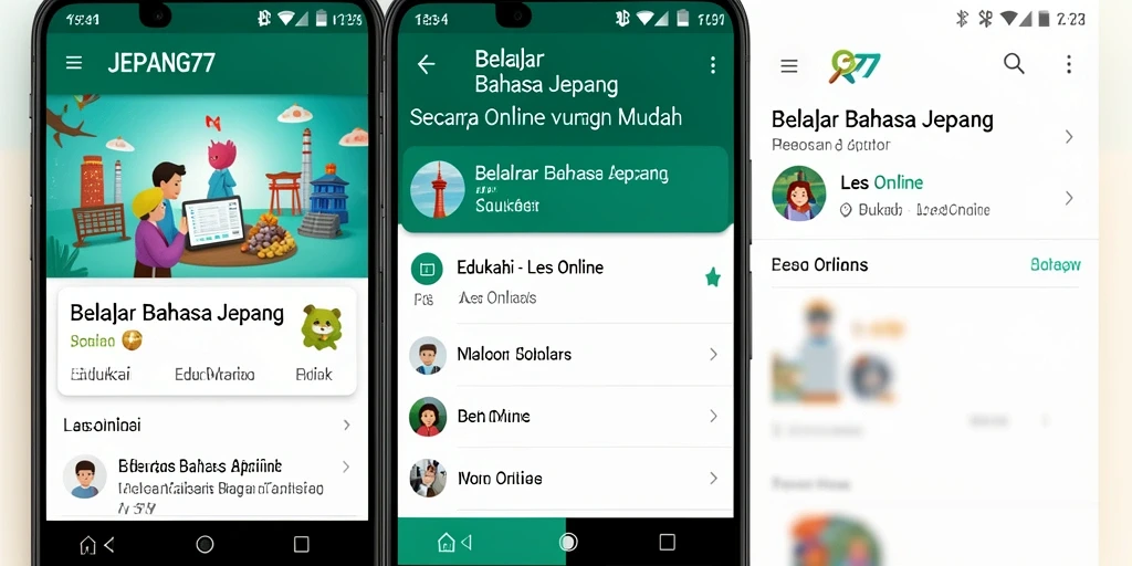 Antarmuka pengguna aplikasi Les Online JEPANG77 yang intuitif dan ramah.