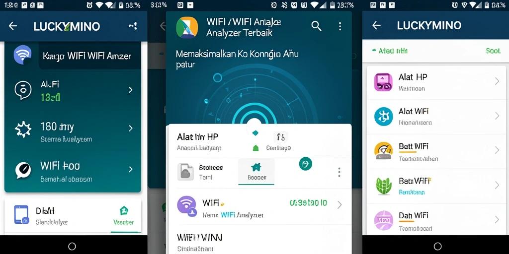 Antarmuka pengguna aplikasi LUCKYMINO yang menampilkan analisis WiFi yang detail.
