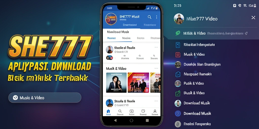 Antarmuka SHE777 menampilkan daftar lagu dan opsi unduhan dengan jelas.